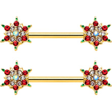 14G 9/16 Red Gem Gold Hue Bright Christmas Barbell Nipple Ring Set