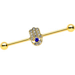 14G Blue Gem Gold Tone Hamsa Hand Eye Industrial Barbell 38mm