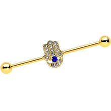 14G Blue Gem Gold Tone Hamsa Hand Eye Industrial Barbell 38mm