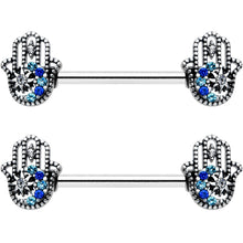 14G 9/16 Clear Blue Gem Textured Hamsa Hand Nipple Ring Set