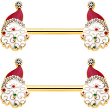 14G 1/2 Clear Gem Gold Tone Decorated Santa Barbell Nipple Ring Set