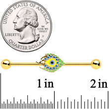14G Gold Tone Bold Peacock Feather Industrial Barbell 38mm