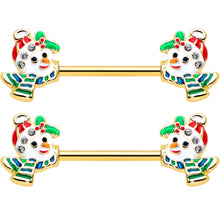 14G 9/16 Clear Gem Gold Tone Snowman Christmas Nipple Ring Set