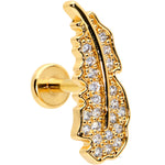 16G 1/4 Clear CZ Gold Hue Feather Internal Threaded Labret Tragus