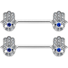 14G 9/16 Clear Blue Gem Eye Hamsa Hand Barbell Nipple Ring Set