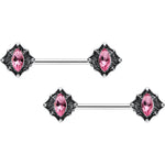 14G 9/16 Pink Gem Rhombus Retro Barbell Nipple Ring Set