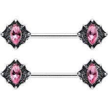 14G 9/16 Pink Gem Rhombus Retro Barbell Nipple Ring Set