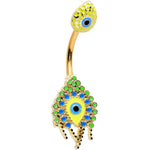 Gold Tone Bold Peacock Feather Double Mount Belly Ring