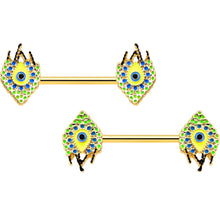14G 9/16 Gold Tone Bold Peacock Feather Barbell Nipple Ring Set