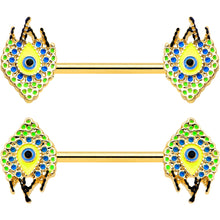 14G 9/16 Gold Tone Bold Peacock Feather Barbell Nipple Ring Set