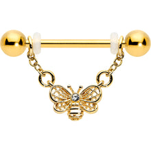 14G 5/8 Clear Gem Gold Tone Chain Dangle Barbell Nipple Ring Set