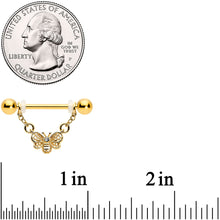 14G 5/8 Clear Gem Gold Tone Chain Dangle Barbell Nipple Ring Set