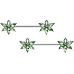 14G 9/16 Green Gem Texture Loopy Pot Leaf Barbell Nipple Ring Set