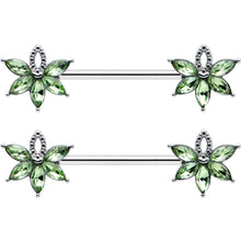14G 9/16 Green Gem Texture Loopy Pot Leaf Barbell Nipple Ring Set