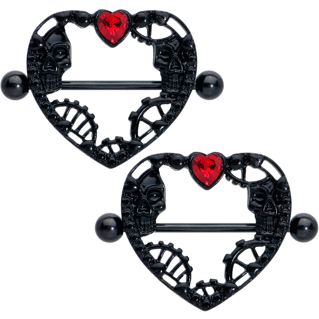 14G 7/8 Red Gem Black Skeleton Steampunk Heart Nipple Shield Set