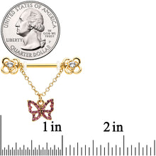 14G 5/8 Pink Gem Gold Hue Simple Butterfly Dangle Nipple Ring Set