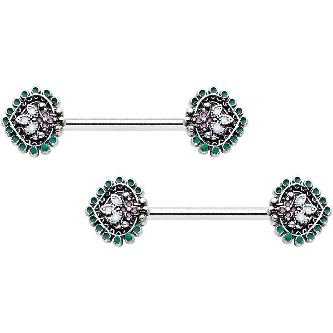 14G 9/16 Stylized Pink Green Leaf Barbell Nipple Ring Set