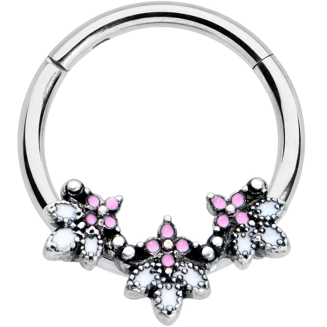 16G 3/8 Pink White Abstract Leaf Hinged Segment Ring