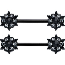 14G 9/16 Clear CZ Gem Black Abstract Sun Barbell Nipple Ring Set
