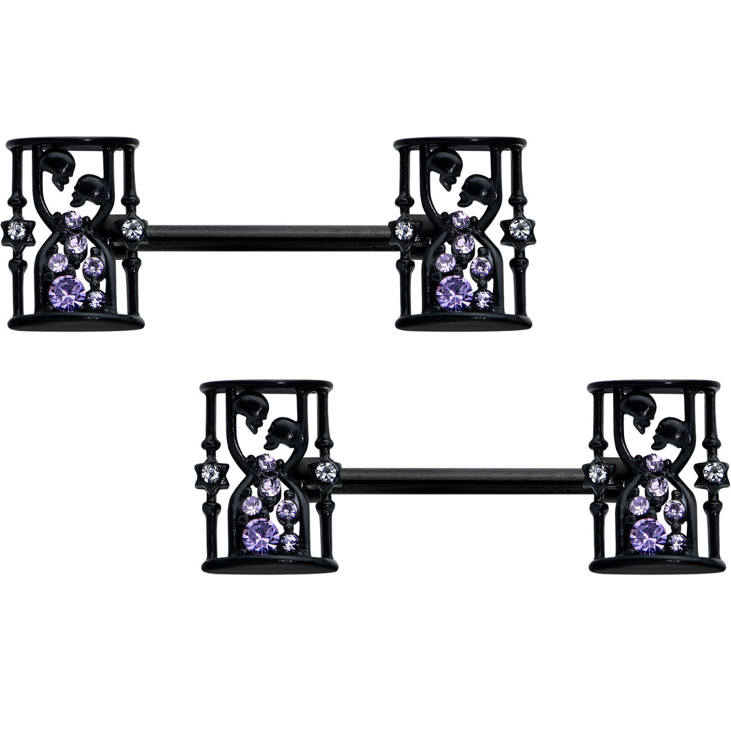 14G 9/16 Clear Purple Gem Black Gothic Hourglass Nipple Ring Set