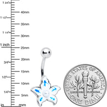 White Pearlescent Orb Blue White Flower Belly Ring
