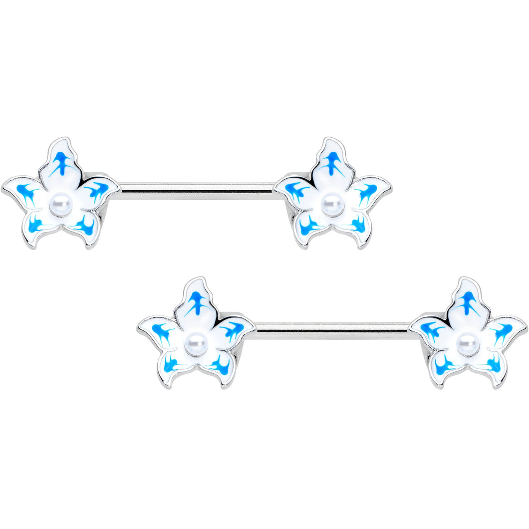 14G 9/16 Pearlescent Orb Flower Blue Barbell Nipple Ring Set