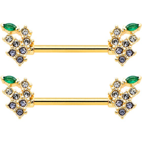 14G 9/16 Clear CZ Gem Gold Tone Bunch Grapes Nipple Ring Set