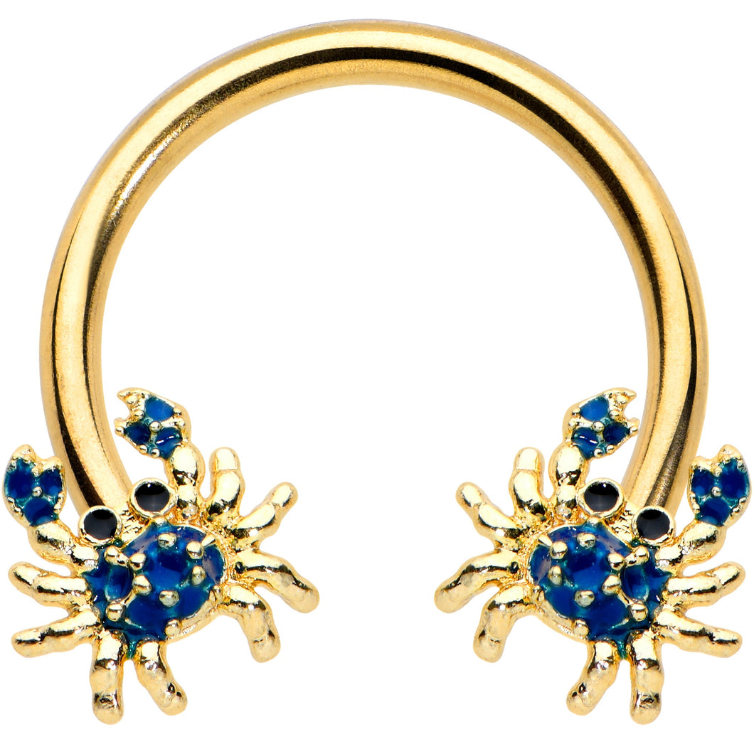 16G 3/8 Gold Tone Blue Crab Nautical Horseshoe Circular Barbell