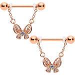 14G 5/8 Clear Gem Rosy Tone Airy Butterfly Dangle Nipple Ring Set