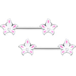 14G 9/16 Pearlescent Orb Pink White Flower Barbell Nipple Ring Set