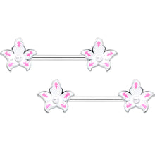 14G 9/16 Pearlescent Orb Pink White Flower Barbell Nipple Ring Set