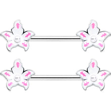 14G 9/16 Pearlescent Orb Pink White Flower Barbell Nipple Ring Set