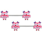 14G 9/16 Bow Pink Heart Owls Barbell Nipple Ring Set