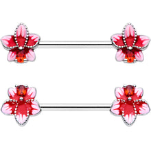 14G 9/16 Red Gem Tropical Flower Barbell Nipple Ring Set
