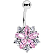 Pink Clear CZ Gem Baroque Floral Burst Belly Ring