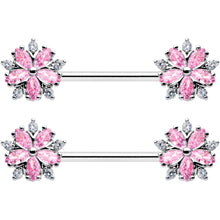 14G 9/16 Pink CZ Gem Floral Burst Barbell Nipple Ring Set