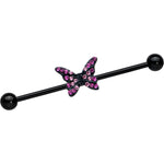 14G Pink Gem Black Midnight Butterfly Industrial Barbell 38mm