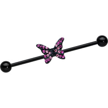 14G Pink Gem Black Midnight Butterfly Industrial Barbell 38mm