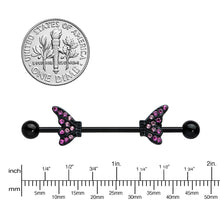 14G Pink Gem Black Moveable Wing Butterfly Industrial Barbell 38mm