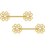 14G 5/8 Clear Gem Gold Tone Texture Cross Barbell Nipple Ring Set