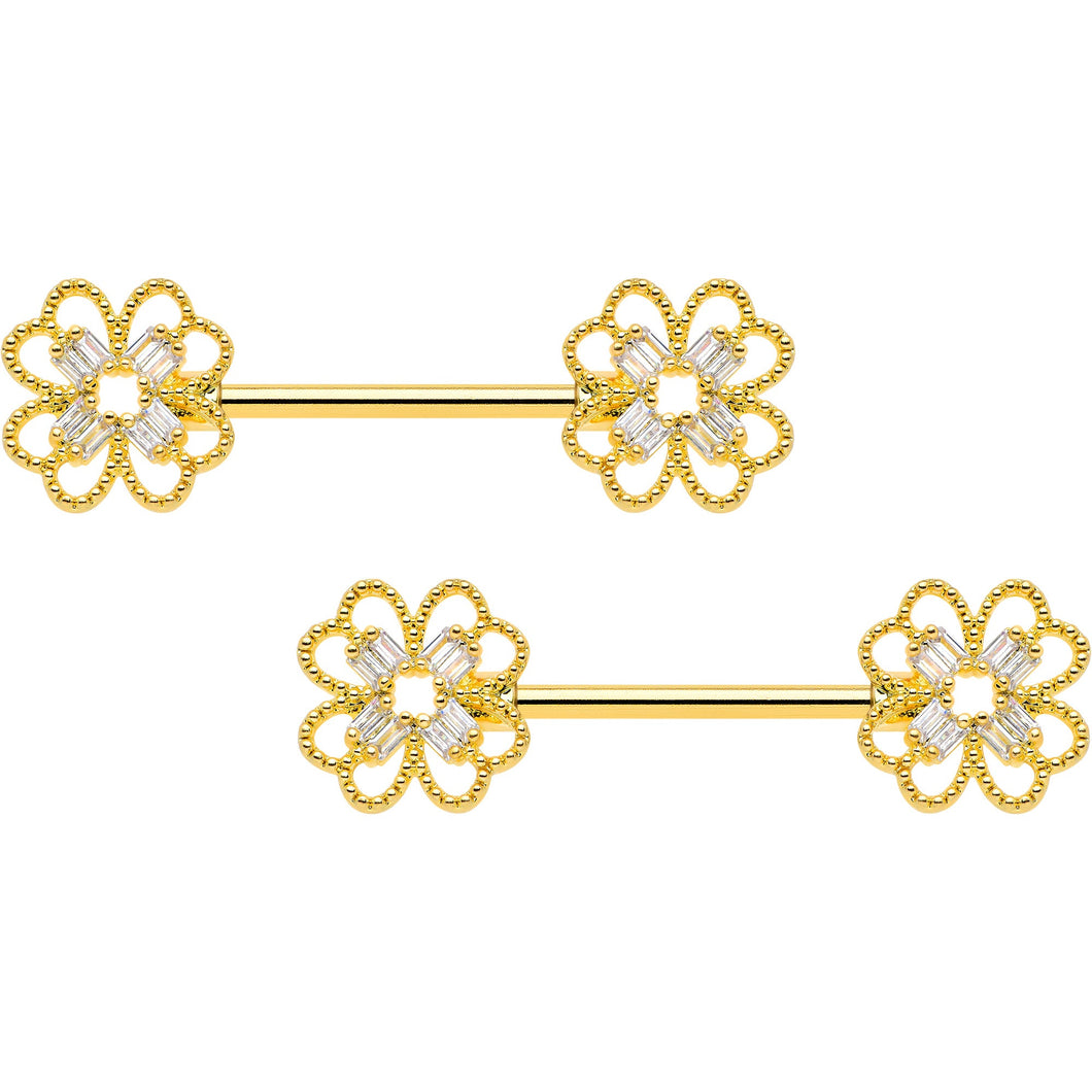 14G 5/8 Clear Gem Gold Tone Texture Cross Barbell Nipple Ring Set