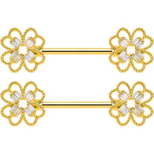 14G 5/8 Clear Gem Gold Tone Texture Cross Barbell Nipple Ring Set
