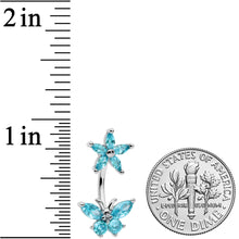 Blue CZ Gem Flower Butterfly Double Mount Belly Ring
