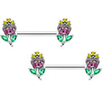 14G 9/16 Green Pink Gem Mardi Gras Flower Barbell Nipple Ring Set