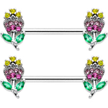 14G 9/16 Green Pink Gem Mardi Gras Flower Barbell Nipple Ring Set