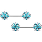 14G 9/16 Blue CZ Gem Floral Burst Barbell Nipple Ring Set