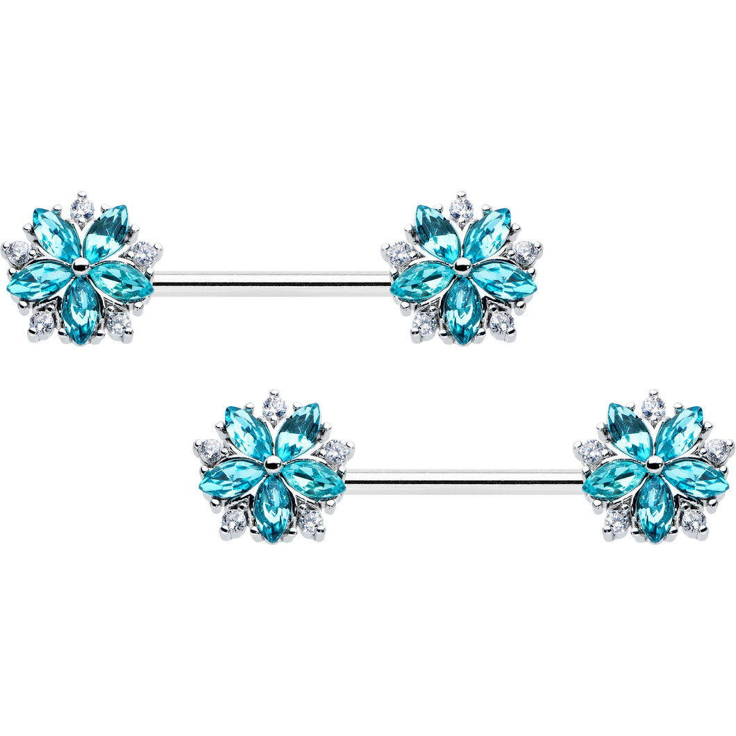 14G 9/16 Blue CZ Gem Floral Burst Barbell Nipple Ring Set