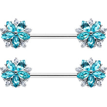 14G 9/16 Blue CZ Gem Floral Burst Barbell Nipple Ring Set