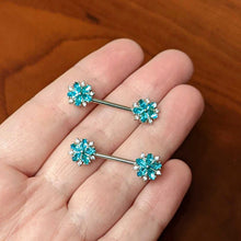14G 9/16 Blue CZ Gem Floral Burst Barbell Nipple Ring Set