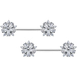 14G 9/16 Clear CZ Gem Floral Burst Barbell Nipple Ring Set